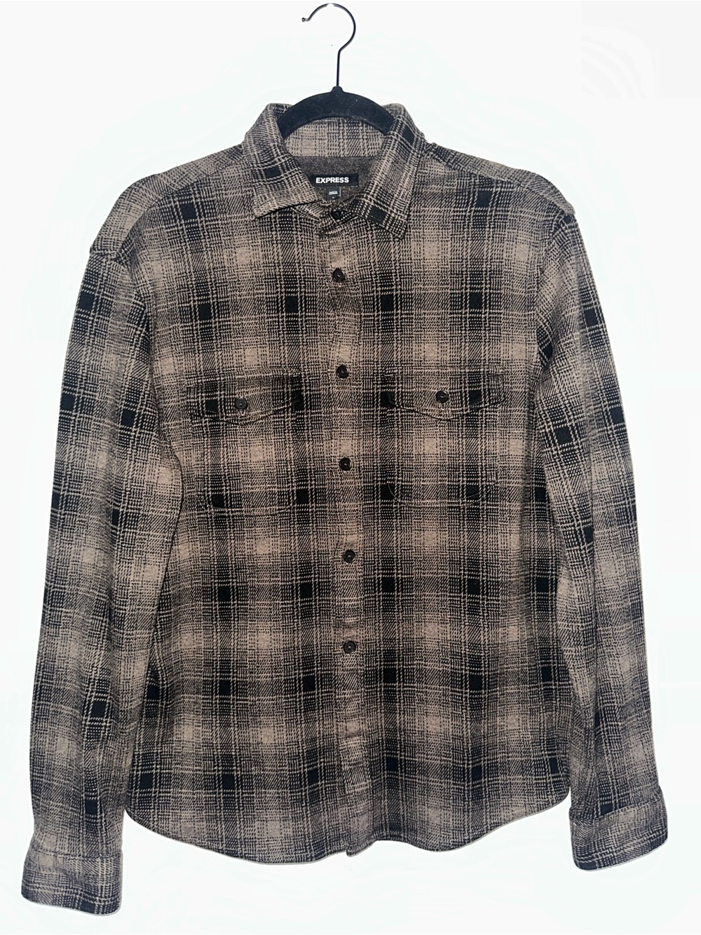 Express Men’s Black & Gray Plaid Button-Up Shirt